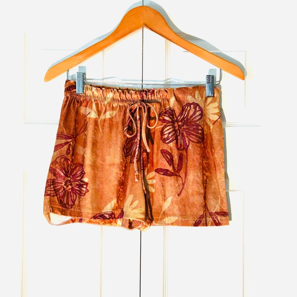 Rag Vintage Burnt Orange Crushed Velvet Floral Lounge Shorts